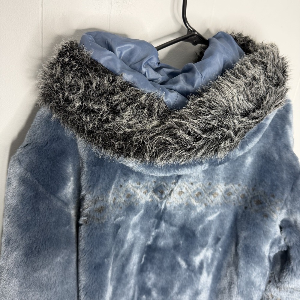 Nordic Lights Coat Womens Large Blue Faux Fur Hooded Fair Isle Reindeer Parka - Picture 10 of 14